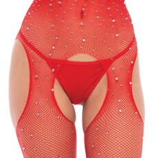 Bodystocking Sparkle Fishnet Crotchless Rene Rofe - Rosu