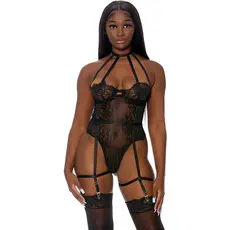 Body dantela neagra Forplay, cu armatura si portjartier - negru