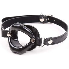 OHMAMA Fetish Black open gag front view inel PVC negru curea piele ecologica catarama ajustabila