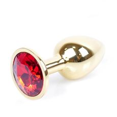 Plug Jewellery Gold, cristal rosu, vedere de aproape cu suprafata metalica lustruita si cristalul fatetat