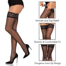 Ciorapi Sheer Stay Up Faux Lace, Leg Avenue, negru, S-L - vedere detaliata