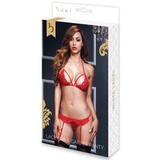 Set Lacy sutien cu portjartier si deschidere intre picioare, 3 piese, rosu