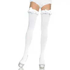 Ciorapi opaci pana la coapsa cu volane din satin si funda, Leg Avenue, albi, S-L