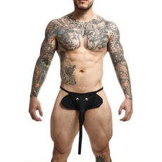 Chilot Barbatesc MOB Eroticwear Elephant Thong Negru - pouch frontal cu ochi si trompa, vedere directa pe model