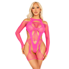 Leg Avenue 89356 Fishnet Garter Harness Teddy Roz - Set Complet Vedere Generala cu Manusi