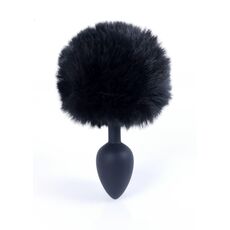 Plug Silicon cu Coada Bunny Tail negru, vedere frontala cu coada pufoasa completa