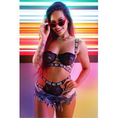 Set Lenjerie Fantasy Lingerie Not Your Bitch Negru - Vedere fata, bra cage cu bretele elastice si chilot cu dungi duble