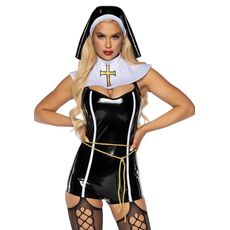 Costum Calugarita Leg Avenue Sinful Sister Negru Set 4 Piese Salopeta Vinil Roleplay Halloween