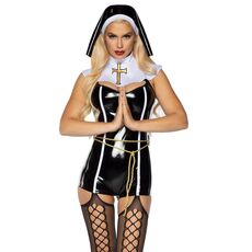 Costum Calugarita Leg Avenue Sinful Sister Negru Detaliu Voal Colier Curea Franghie