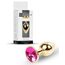 Plug Jewellery Gold, cristal roz, vedere de aproape cu suprafata metalica lustruita si cristalul fatetat