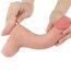 Dildo-ul Lovetoy Sliding Skin 8.5 inch curbat, cu pielea culisanta trasa simultan, demonstrand flexibilitatea totala