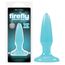 Firefly Pleasure Plug Mini albastru, langa cutia originala NS Novelties care lumineaza in intuneric
