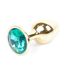 Plug Jewellery Gold, cristal verde, vedere de aproape cu suprafata metalica lustruita si cristalul fatetat