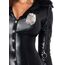 Detaliu insigna politie pin-on si cablu spiralat decorativ salopeta Officer Payne Leg Avenue negru wetlook