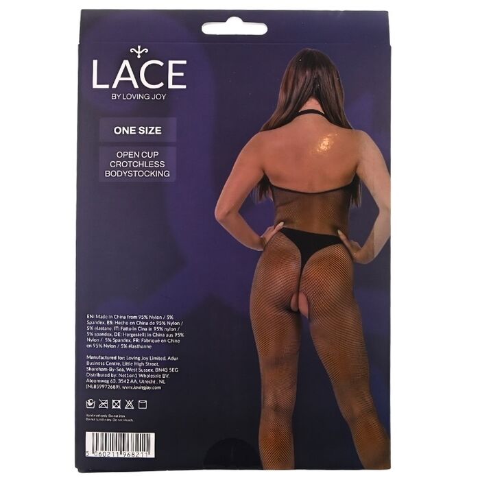 Body cu cupe deschise, fara bretele, din plasa, Lace by LJ, negru, S-L - ambalaj spate