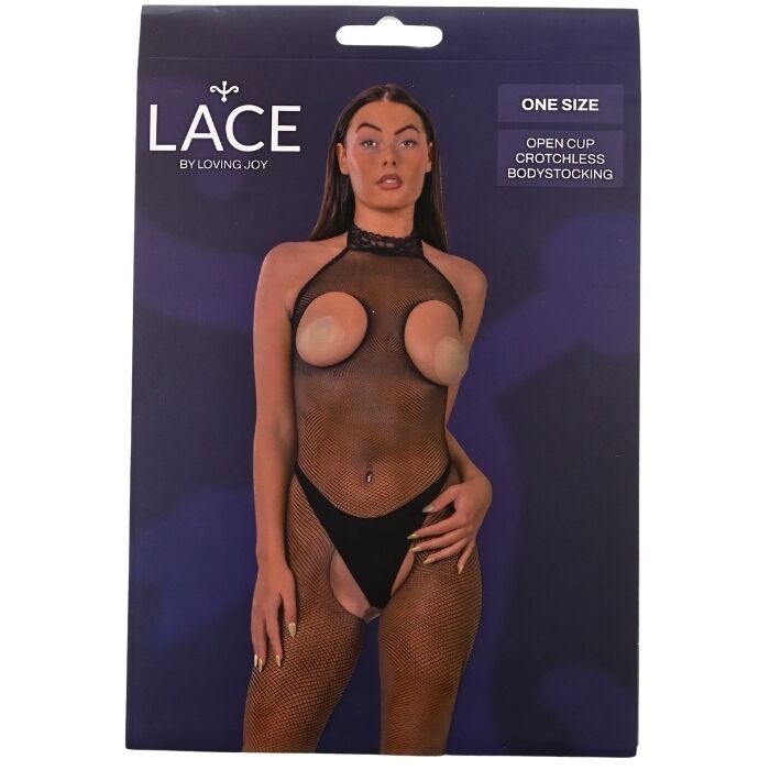 Body cu cupe deschise, fara bretele, din plasa, Lace by LJ, negru, S-L  -ambalaj fata