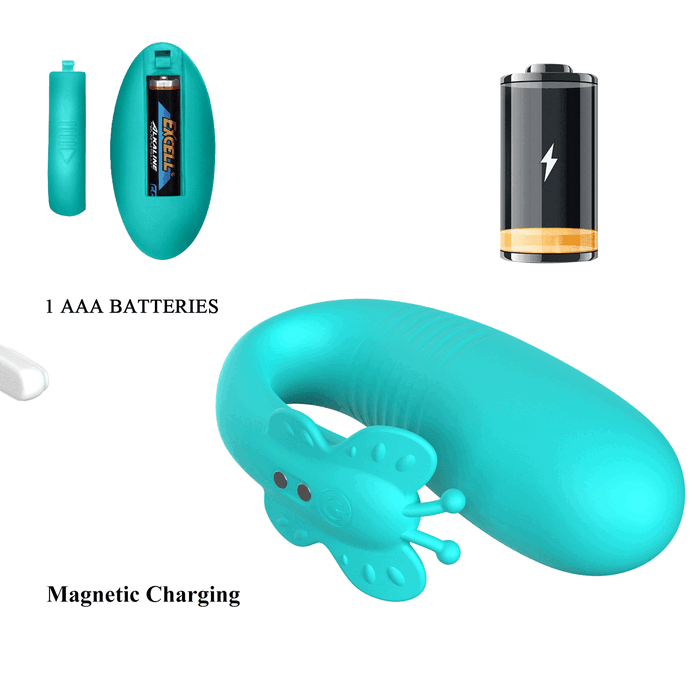 Vibrator hands-free Pretty Love Remi Thrusting - Aqua - Turcoaz - detalii baterii