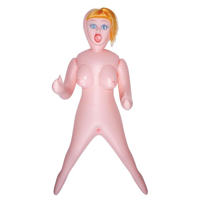 Papusa gonflabila Roxana 3D, chip 3D cu par blond, sani mari, marime naturala