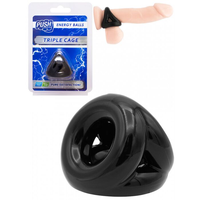 Inel Penis, Push Energy Balls - Triple Cage, negru, silicon
