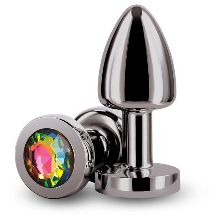 Plug Anal Rear Assets Petite negru, detaliu cu cristalul multicolor fatetat la baza