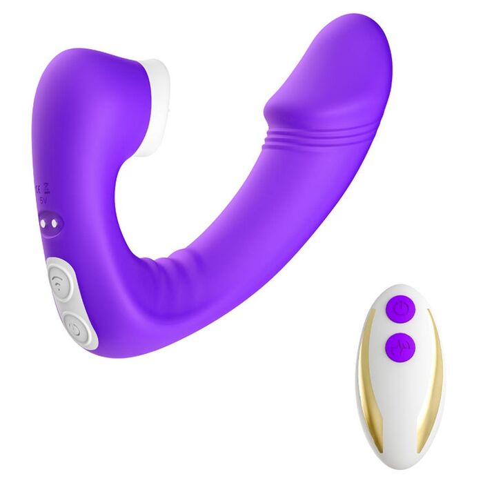Vibrator Joy Purple cu dubla stimulare, brat curbat pentru punctul G si cap cu unde de presiune, langa telecomanda wireless