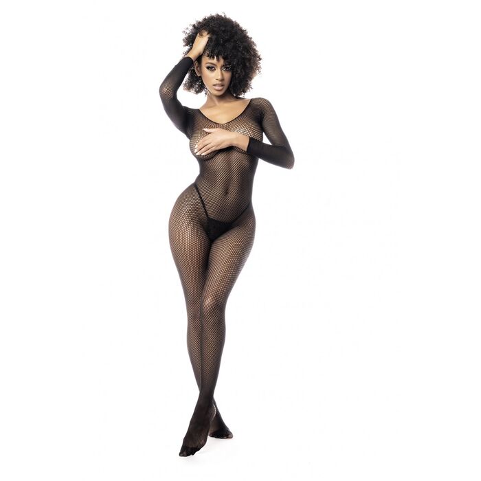 Bodystocking Fishnet Maneci Lungi Negru purtat