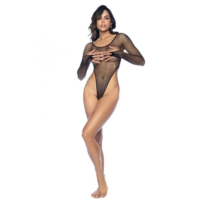 Bodysuit Fishnet Maneci Lungi Negru purtat