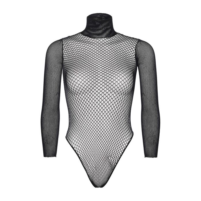 Bodysuit Maneci Lungi Fishnet Negru Leg Avenue, produs pe fundal alb