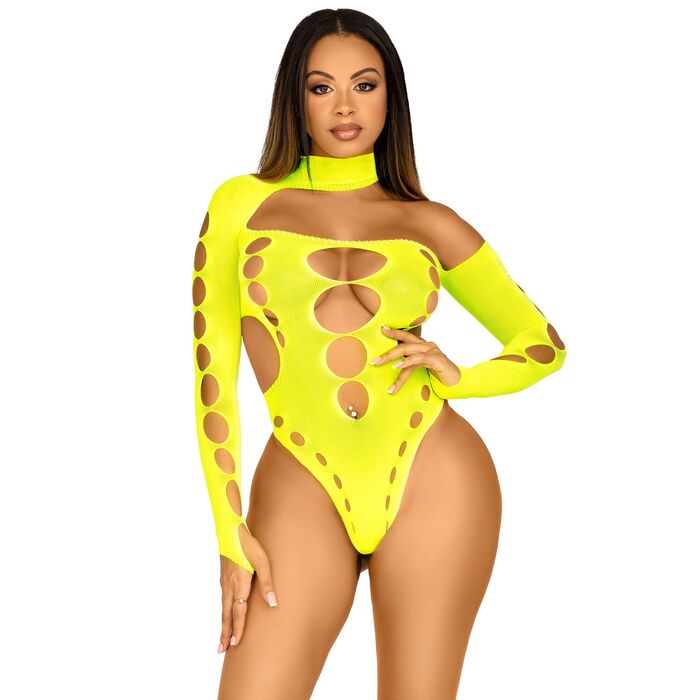 Bodysuit Asimetric Decupat Galben Leg Avenue, gros plan bust