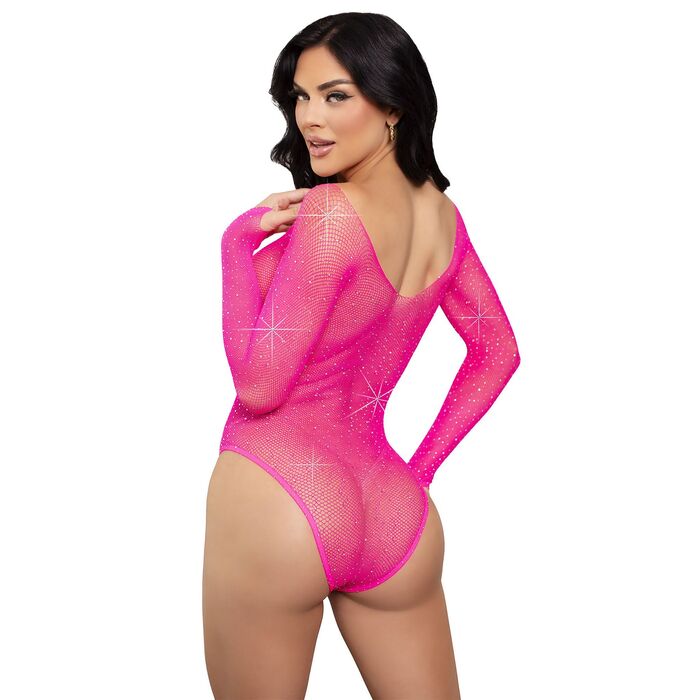 Bodysuit cu Strasuri Roz detaliu material fishnet
