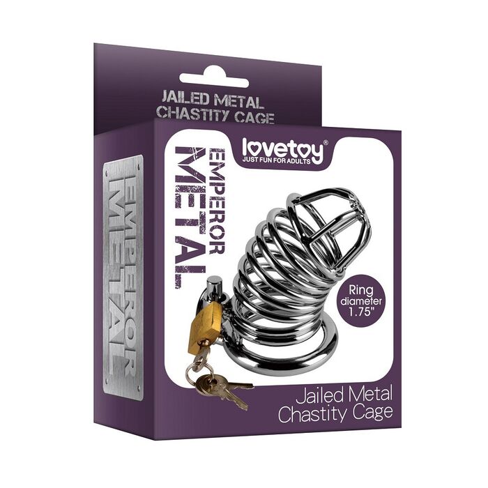 Centura de castitate metalica Lovetoy Emperor langa cutia originala de vanzare, cu diametrul inelului marcat