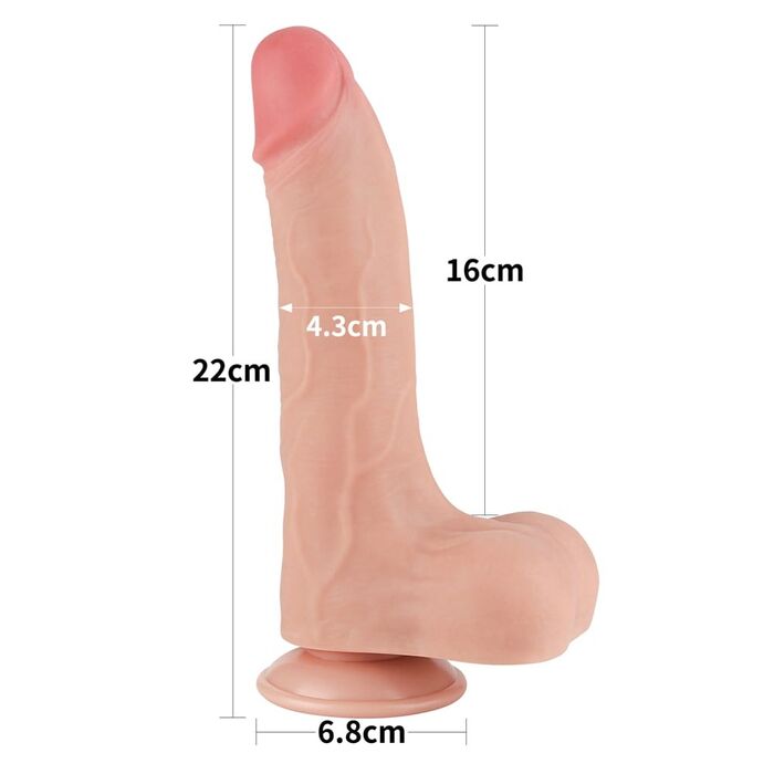 Dildo Lovetoy Sliding Skin cu masuratori oficiale: 22cm lungime totala, 16cm pana la baza glandului, 4,3cm diametru