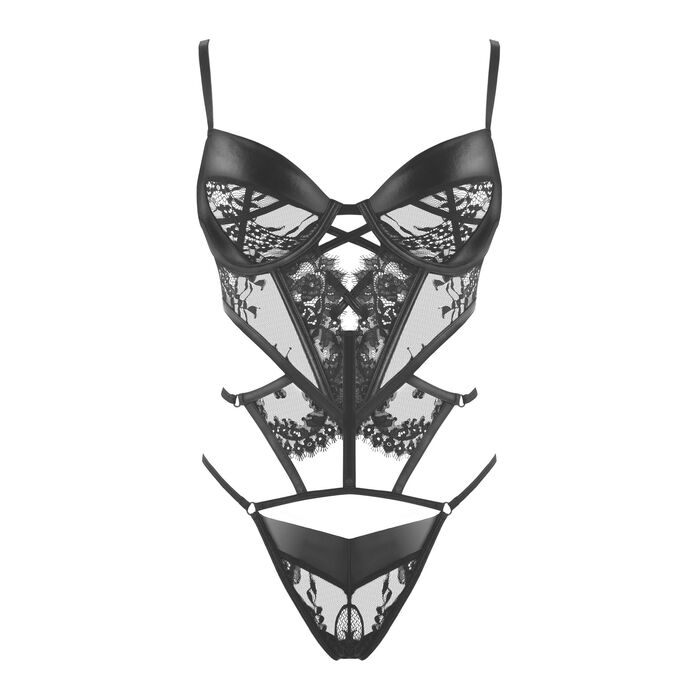 Corset Leonela Beauty Night wetlook negru, detaliu material lacuit