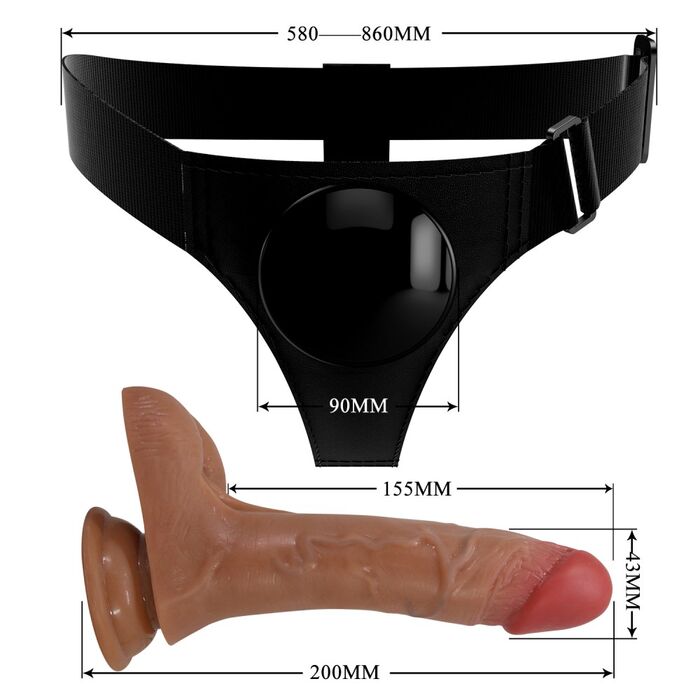 Masuratori oficiale harness Pretty Love Oher: talie 580-860mm, inel 90mm, dildo 200mm lungime totala, 155mm inserabil, 43mm diametru