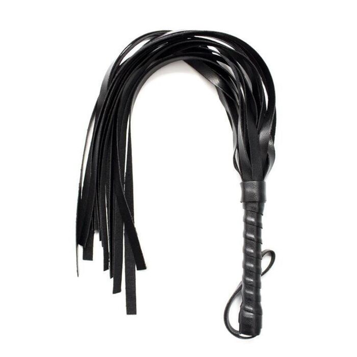 Bici (flogger) din piele ecologica neagra, cu maner captusit si snur pentru prindere la incheietura