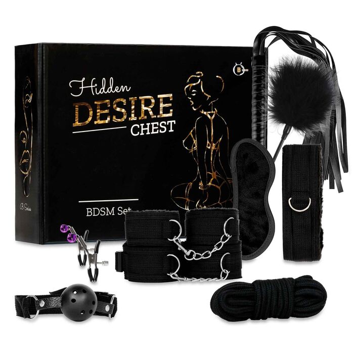 Kit BDSM 10 piese Fetish B-Series negru, cutie cadou si toate componentele: bici, catuse, zgarda, masca
