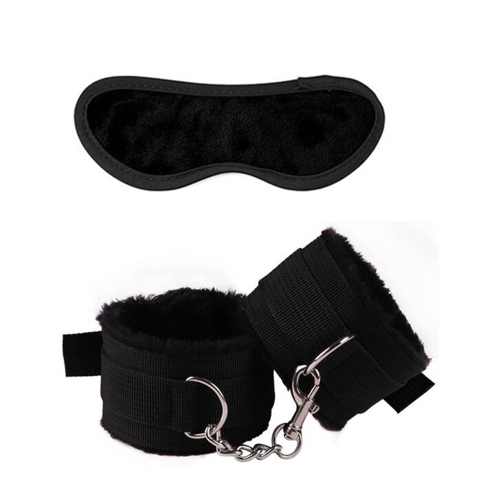 Masca pentru ochi si catuse cu blana neagra, parte din kitul BDSM Fetish B-Series