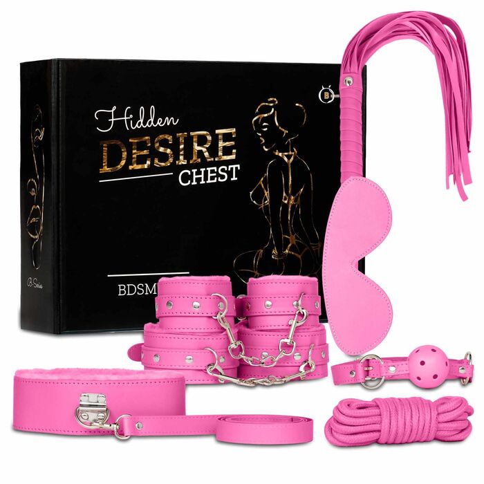 Kit BDSM 7 piese Fetish B-Series roz, cutie cadou si toate componentele: catuse, zgarda, bici, minge, masca, franghie