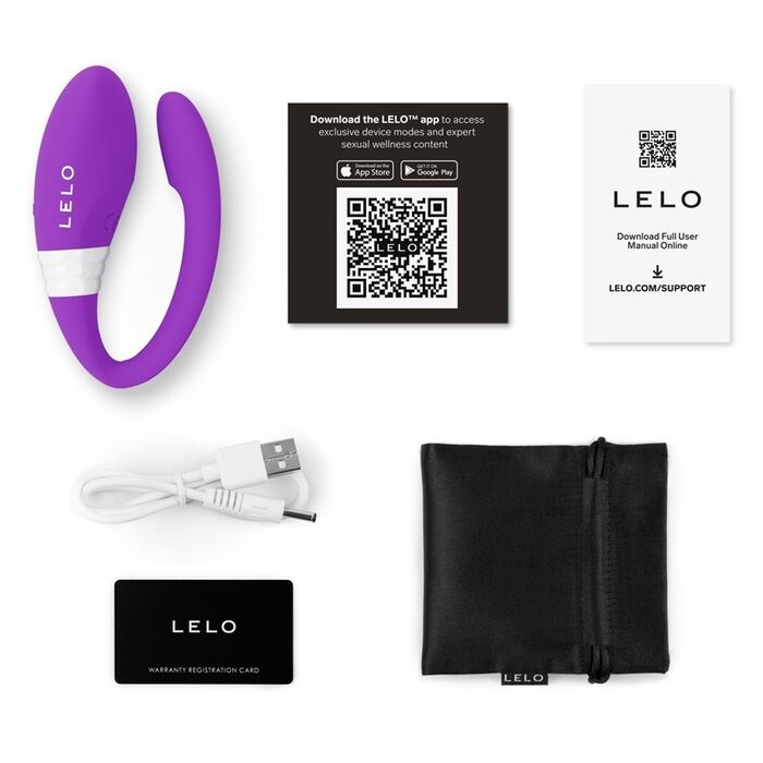 LELO Mahana Originals, continutul cutiei: dispozitiv, cablu incarcare USB, saculet satin, card garantie, coduri QR