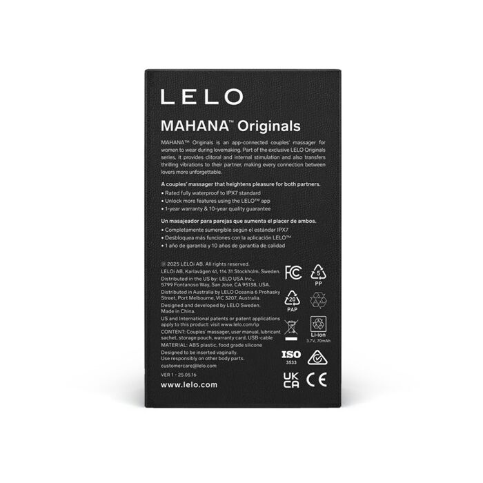 LELO Mahana Originals, spatele cutiei cu specificatii tehnice complete si garantie 10 ani