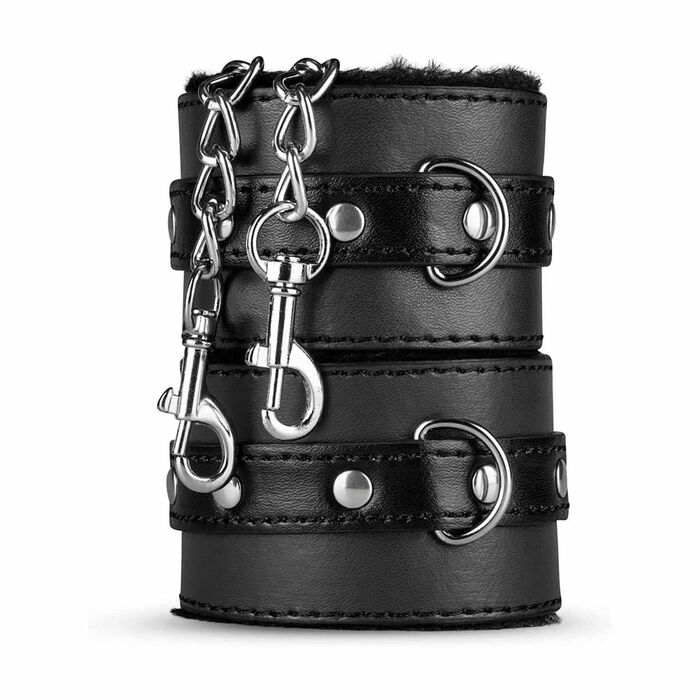 Catuse de mana si picior din piele ecologica cu blana neagra, lant de conectare si inele metalice