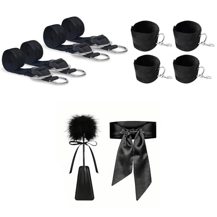 Componentele setului bondage pat Fetish B-Series: 4 curele cu inele, 4 catuse cu carabina, pana si masca