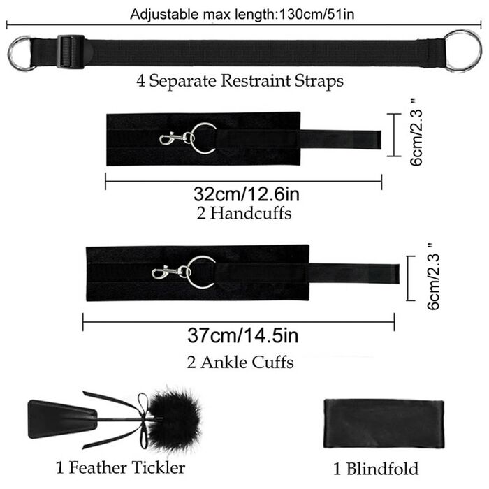 Dimensiunile setului bondage pat Fetish B-Series: curele reglabile pana la 130 cm, catuse maini 32 cm, catuse picioare 37 cm