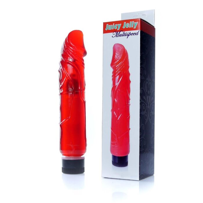 Cutia originala Juicy Jelly Multispeed, cu vibratorul rosu langa ambalaj