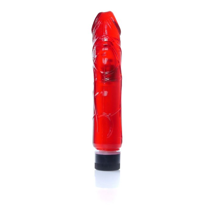 Vibrator Juicy Jelly rosu, profil lateral cu baza rotativa pentru reglarea vitezei