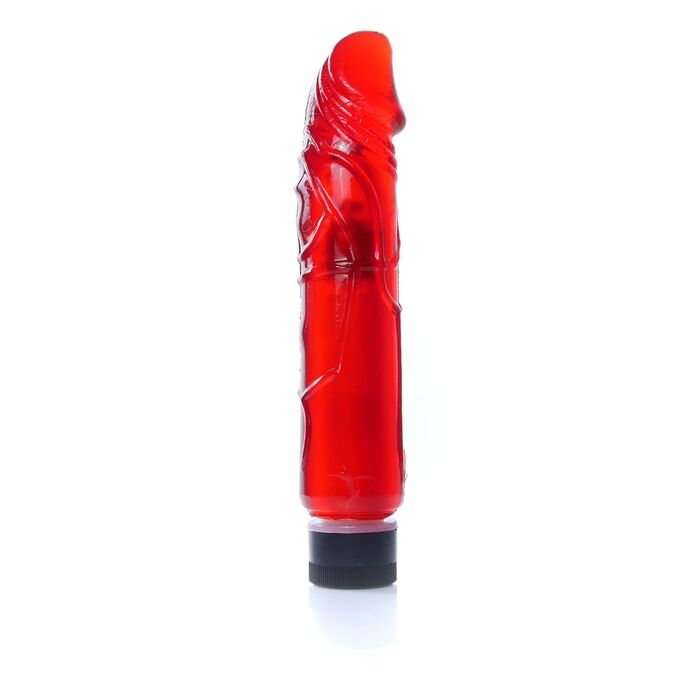 Vibrator Juicy Jelly rosu translucid, vedere principala cu cap anatomic si vene in relief