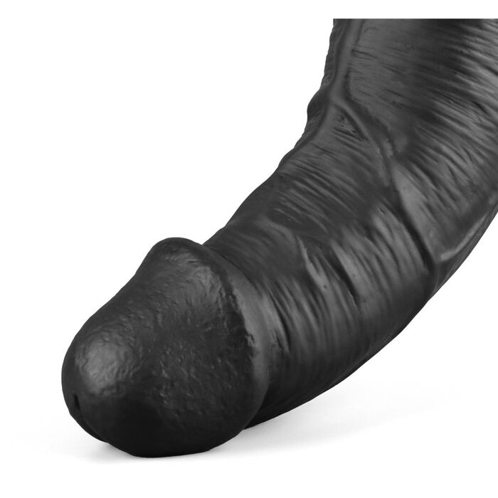 Detaliu macro al varfului anatomic si texturii de vene ale vibratorului Real Softee 10.5 inch negru