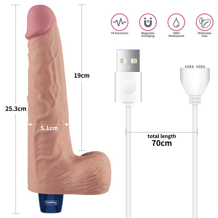 Vibrator Lovetoy Real Softee cu masuratori oficiale: 25,3cm lungime totala, 19cm lungime inserabila, 5,1cm diametru
