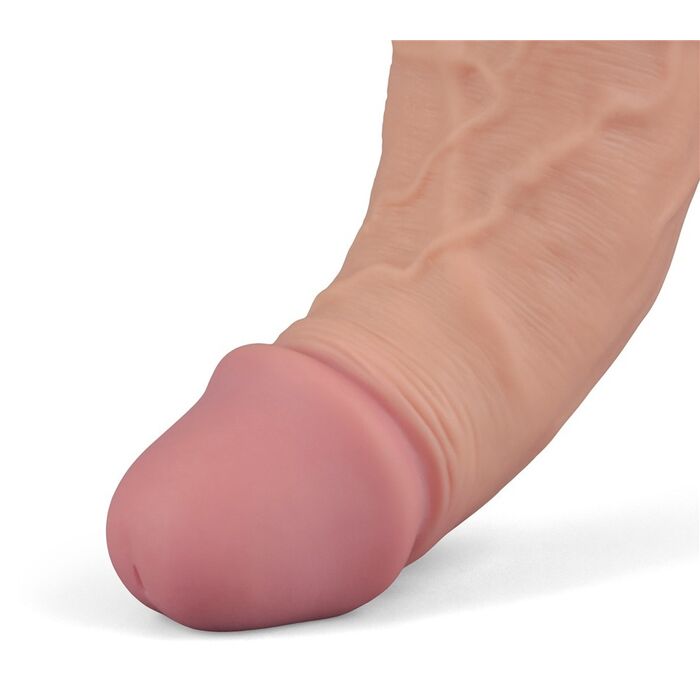 Detaliu macro al varfului anatomic si texturii de vene ale vibratorului Real Softee natural