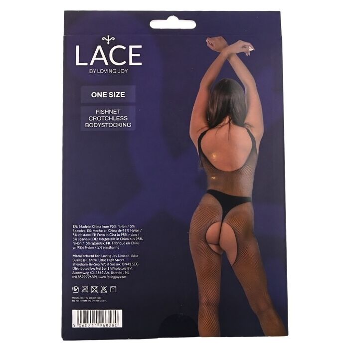 Bodystocking plasa Lace by LJ Negru, cutie vedere spate cu specificatii